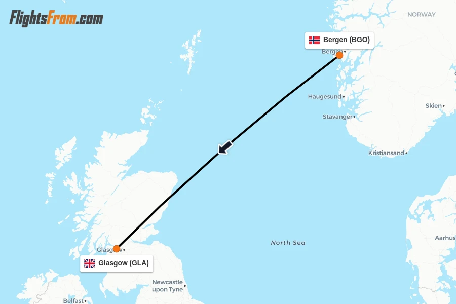 Flights from Bergen to Glasgow route map