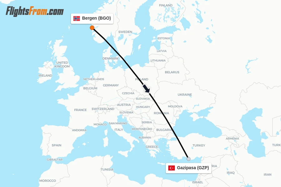 Flights from Bergen to Gazipasa route map