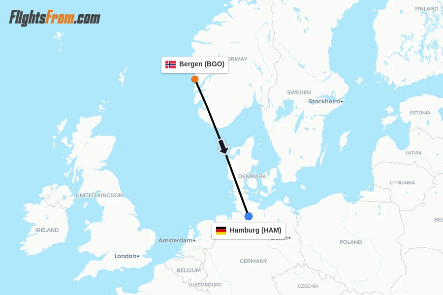 Flights from Bergen to Hamburg route map