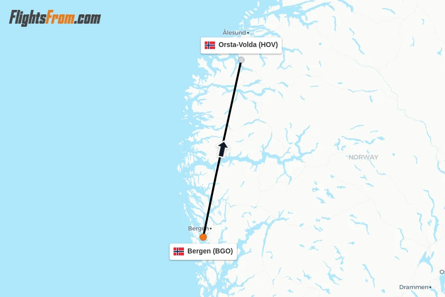 Flights from Bergen to Orsta-Volda route map