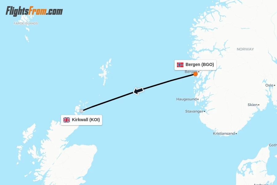 Flights from Bergen to Kirkwall route map