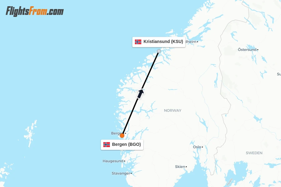 Flights from Bergen to Kristiansund route map