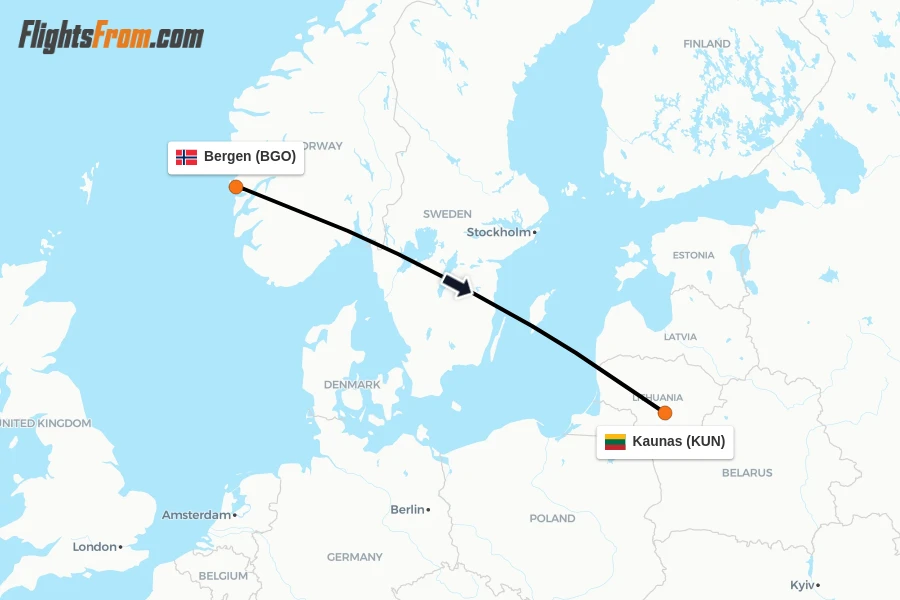 Flights from Bergen to Kaunas route map
