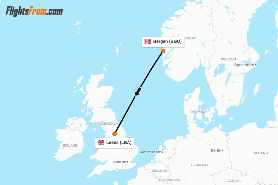Flights from Bergen to Leeds route map