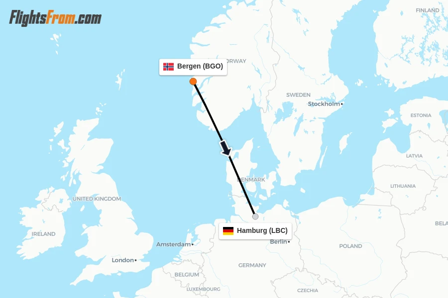 Flights from Bergen to Hamburg route map