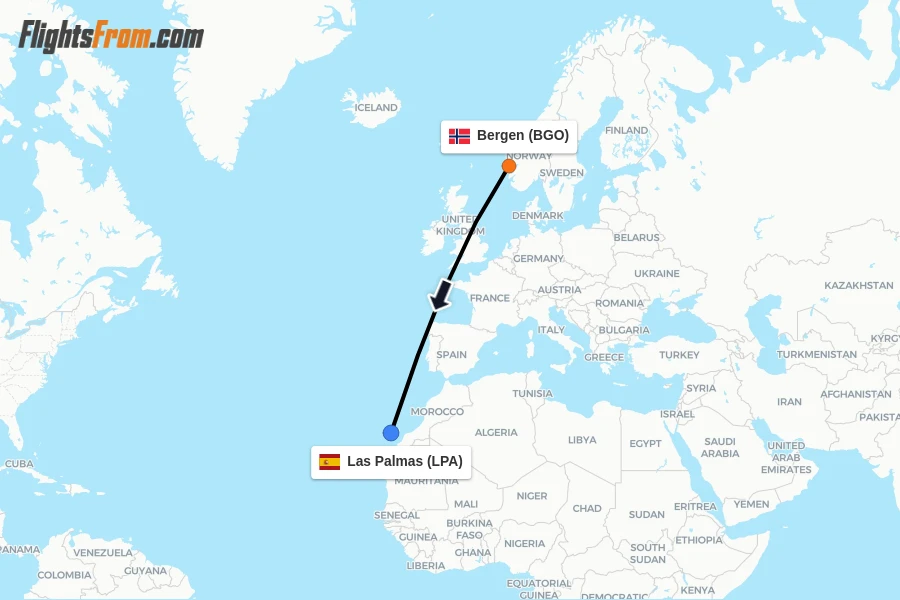 Flights from Bergen to Las Palmas route map