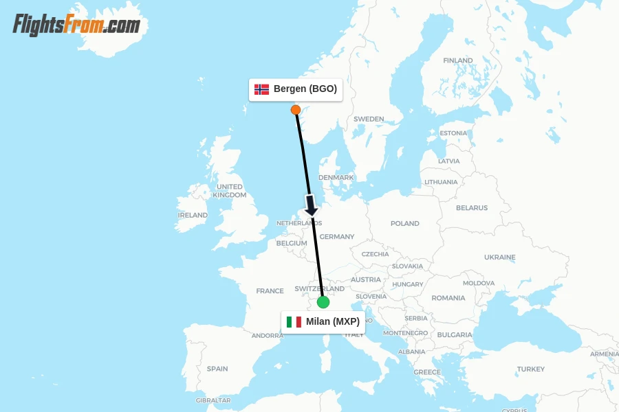 Flights from Bergen to Milan route map