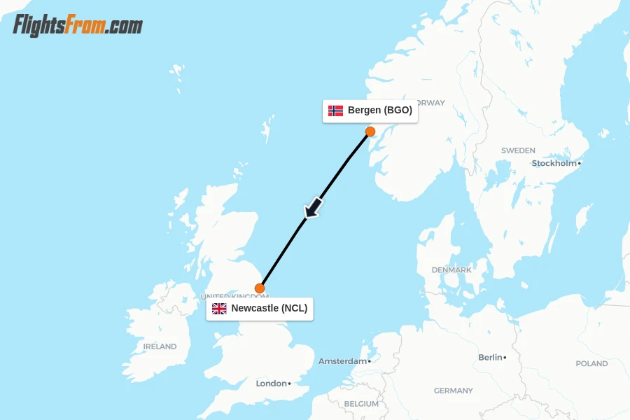 Flights from Bergen to Newcastle route map