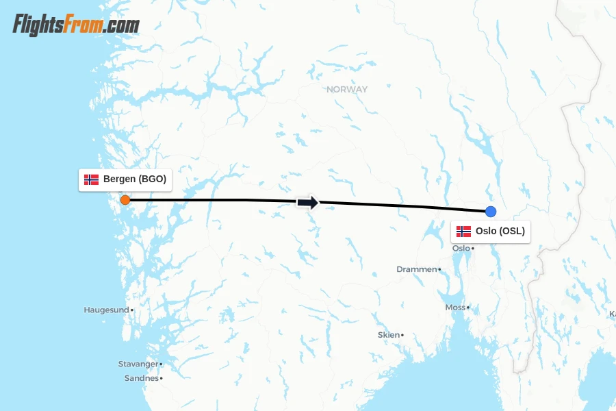 Flights from Bergen to Oslo route map
