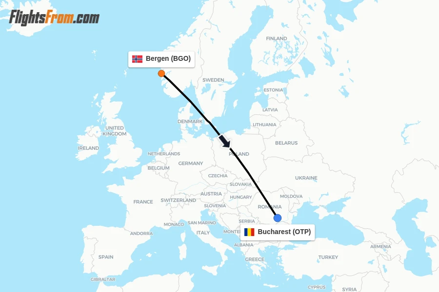Flights from Bergen to Bucharest route map