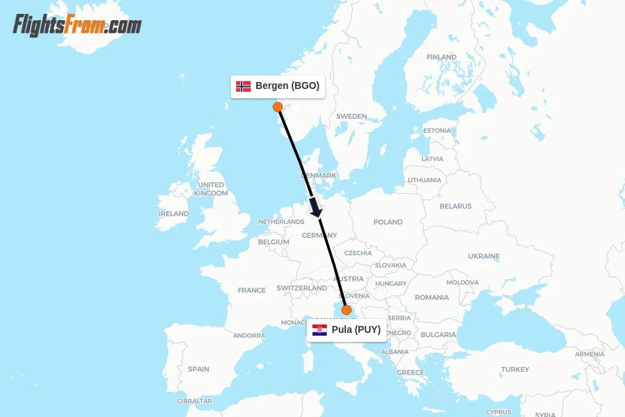 Flights from Bergen to Pula route map