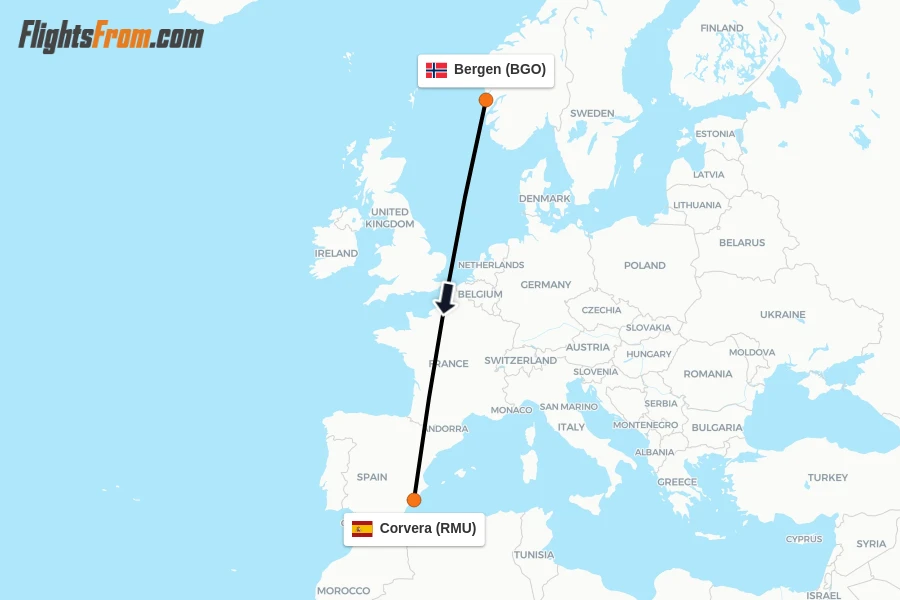 Flights from Bergen to Corvera route map