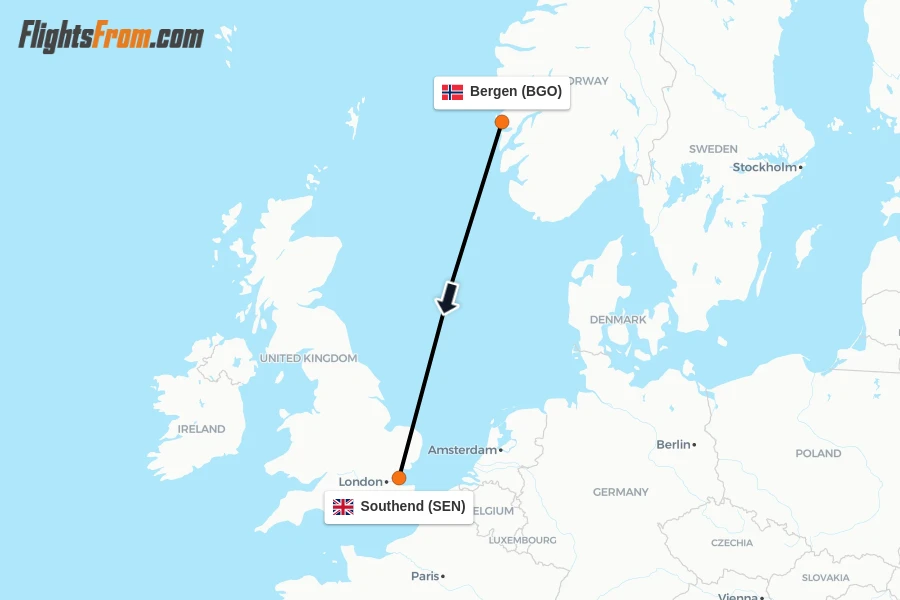 Flights from Bergen to Southend route map