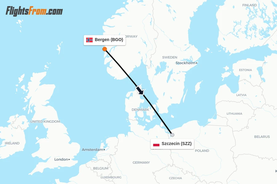 Flights from Bergen to Szczecin route map