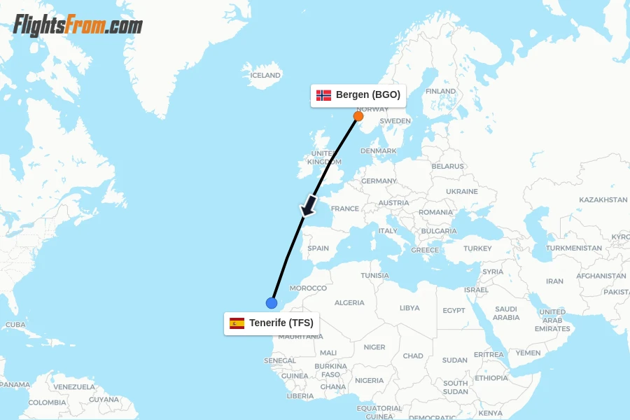 Flights from Bergen to Tenerife route map