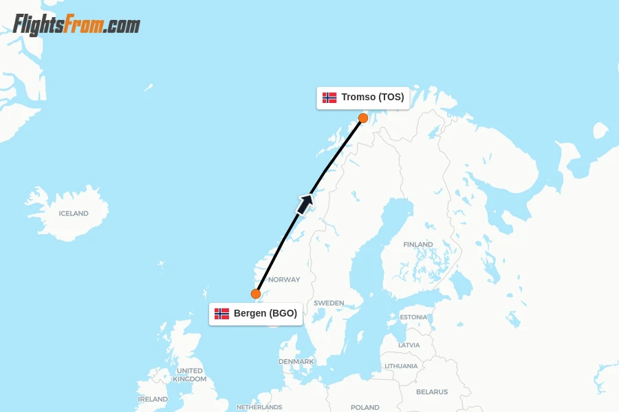 Flights from Bergen to Tromso route map