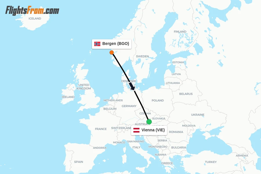 Flights from Bergen to Vienna route map