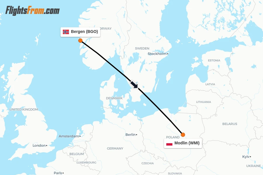 Flights from Bergen to Modlin route map