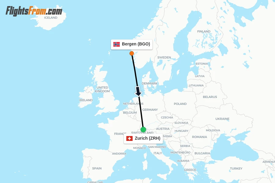 Flights from Bergen to Zurich route map