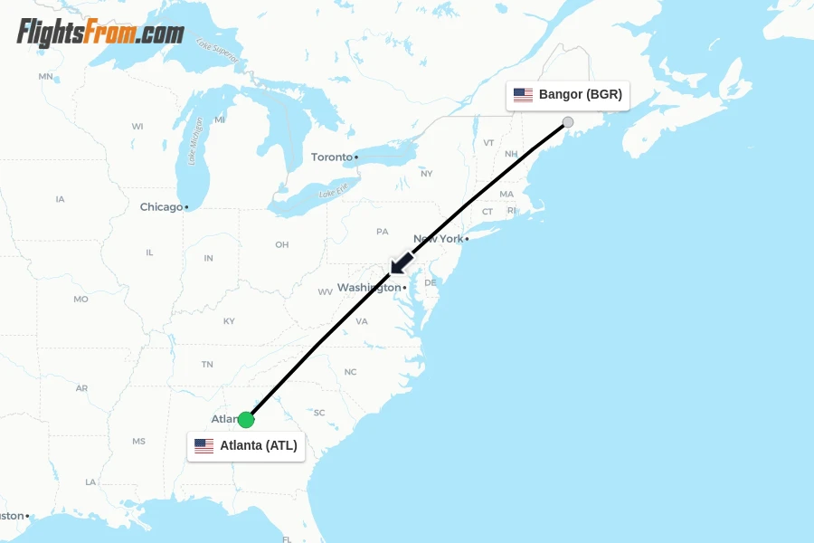 Flights from Bangor to Atlanta route map