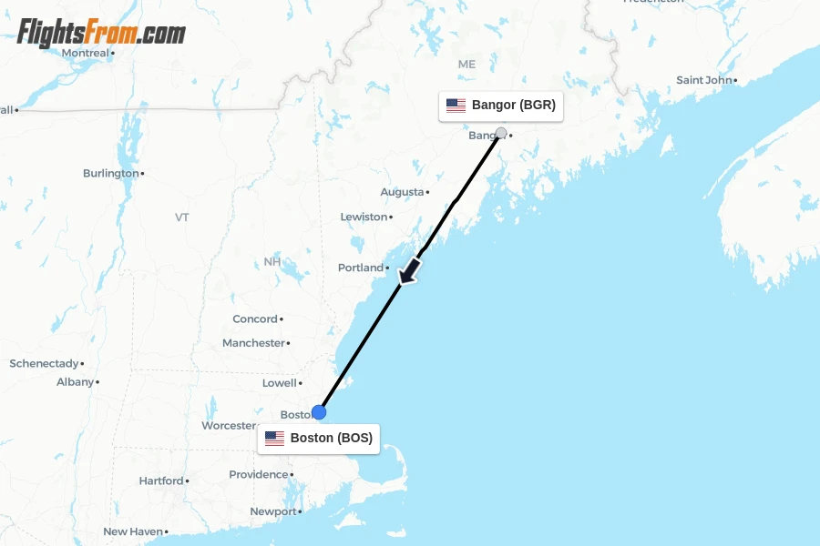 Flights from Bangor to Boston route map