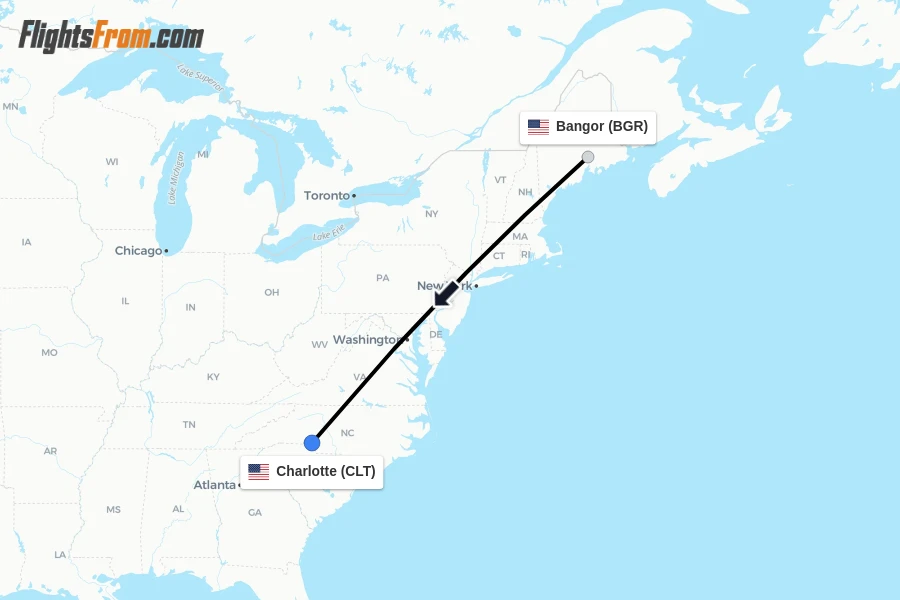 Flights from Bangor to Charlotte route map