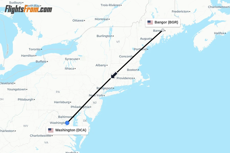 Flights from Bangor to Washington route map