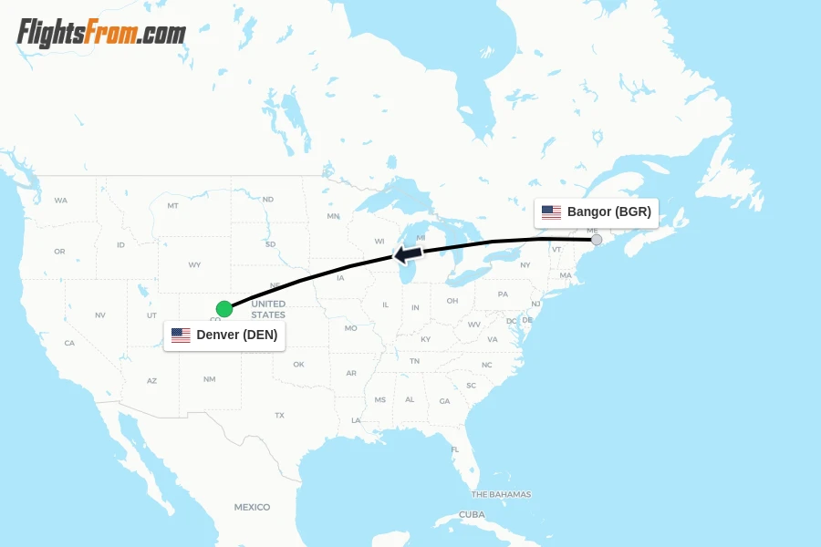 Flights from Bangor to Denver route map