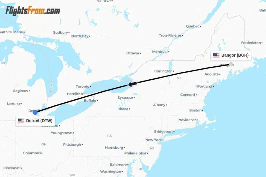 Flights from Bangor to Detroit route map