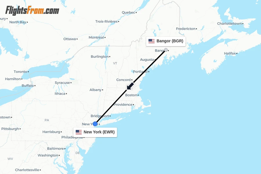 Flights from Bangor to New York route map