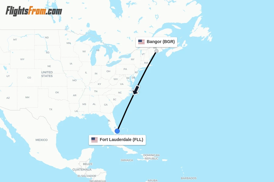 Flights from Bangor to Fort Lauderdale route map