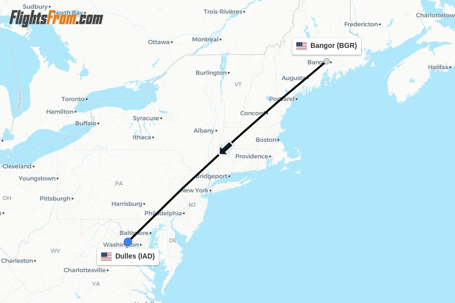 Flights from Bangor to Dulles route map