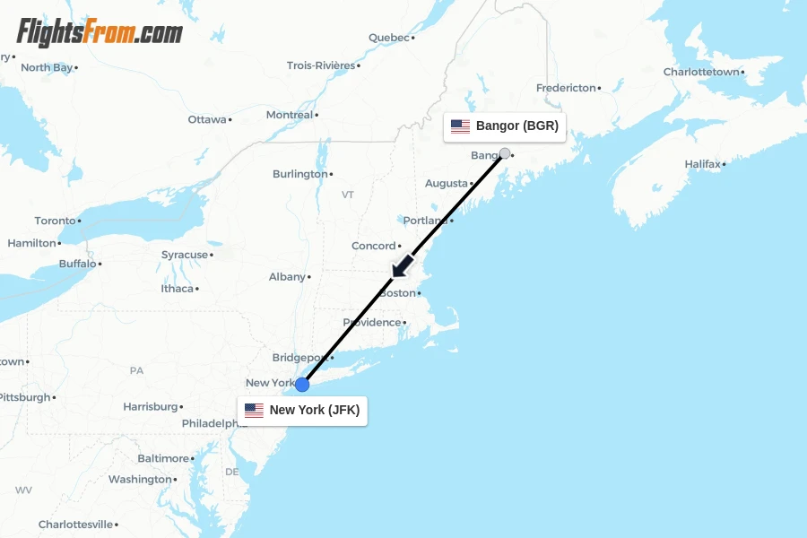 Flights from Bangor to New York route map