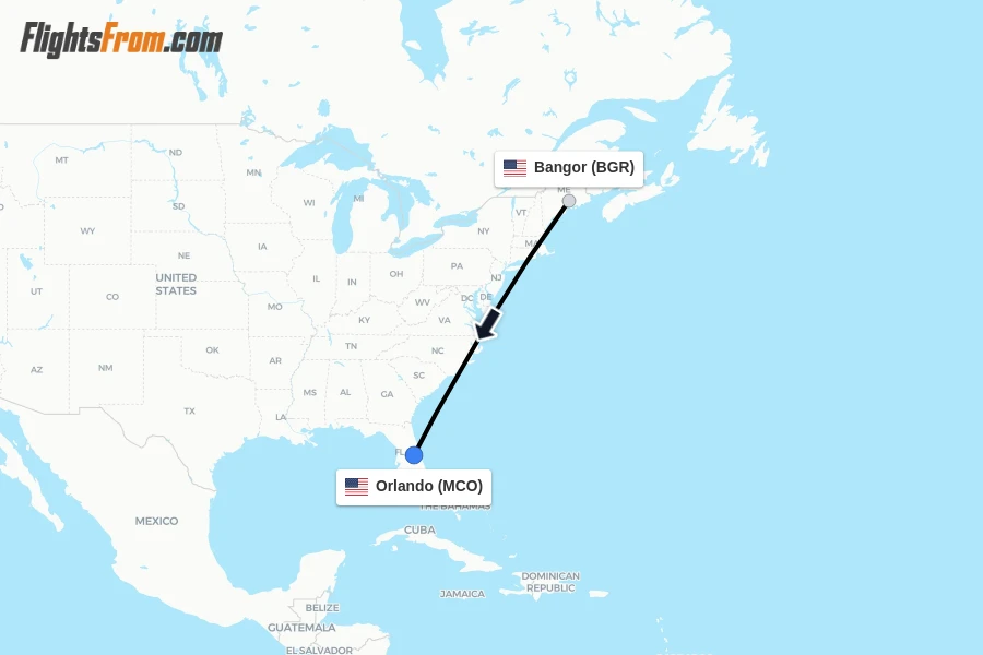 Flights from Bangor to Orlando route map