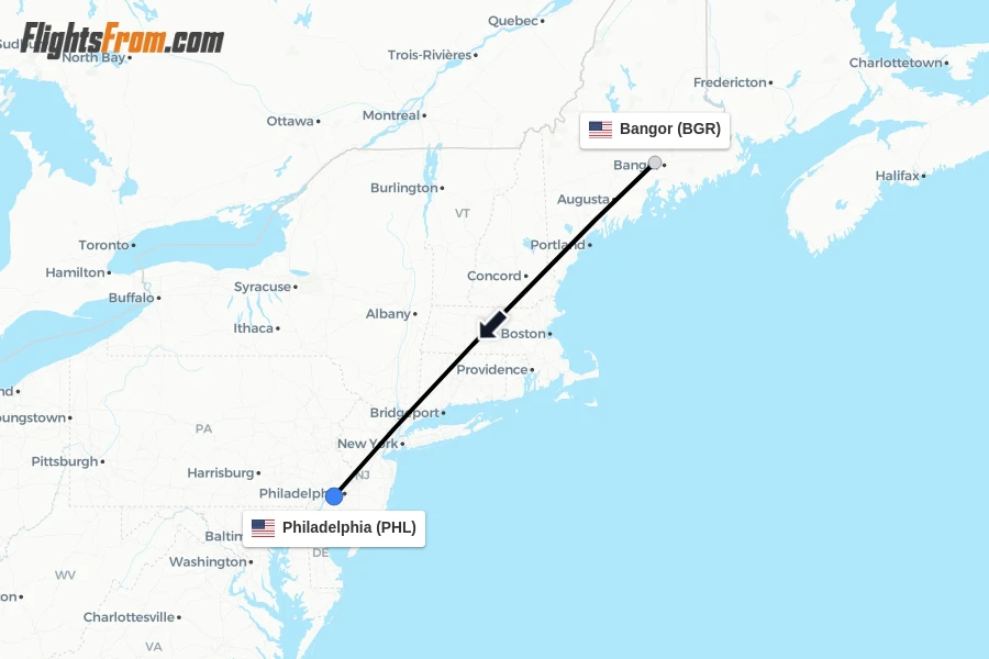 Flights from Bangor to Philadelphia route map