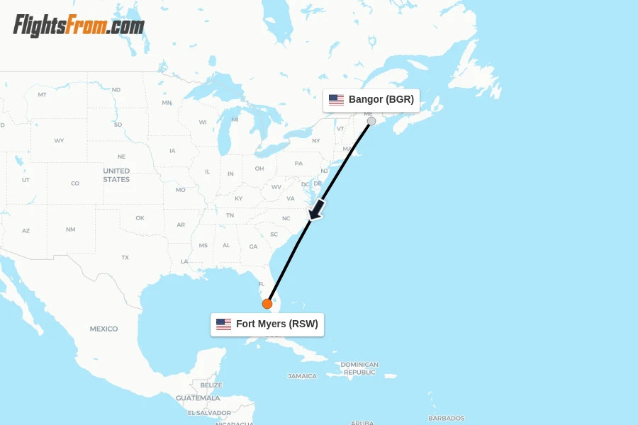 Flights from Bangor to Fort Myers route map