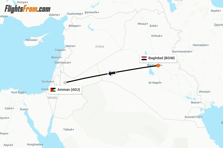 Flights from Baghdad to Amman route map