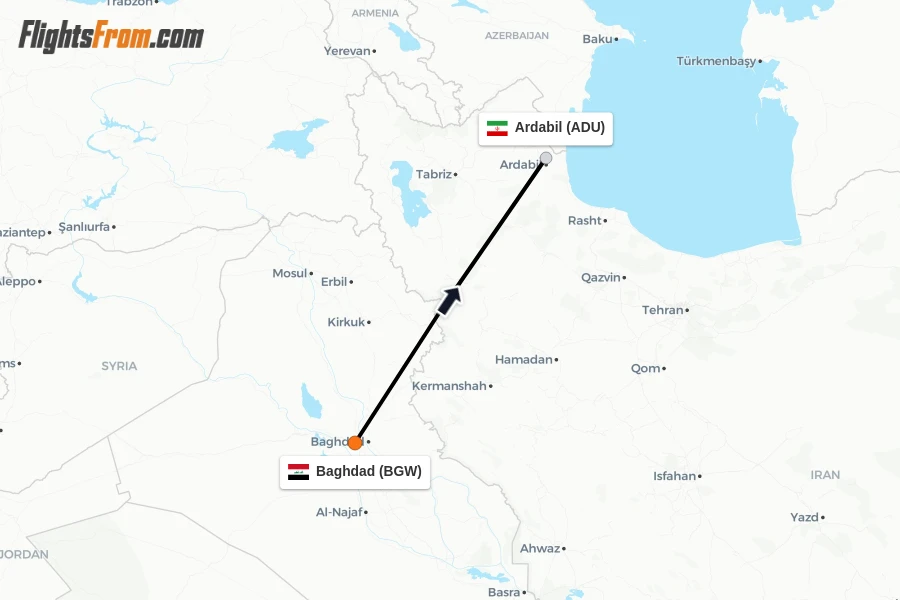 Flights from Baghdad to Ardabil route map