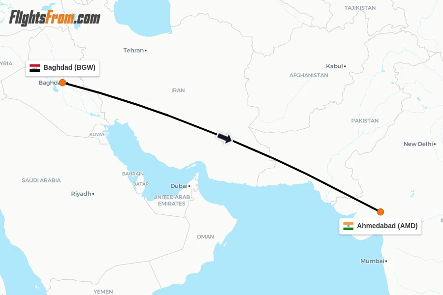 Flights from Baghdad to Ahmedabad route map