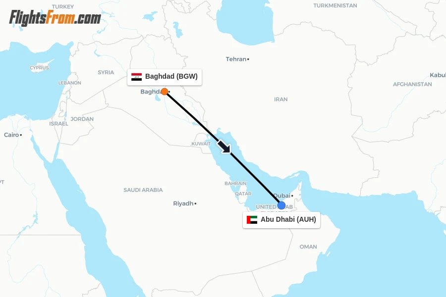 Flights from Baghdad to Abu Dhabi route map