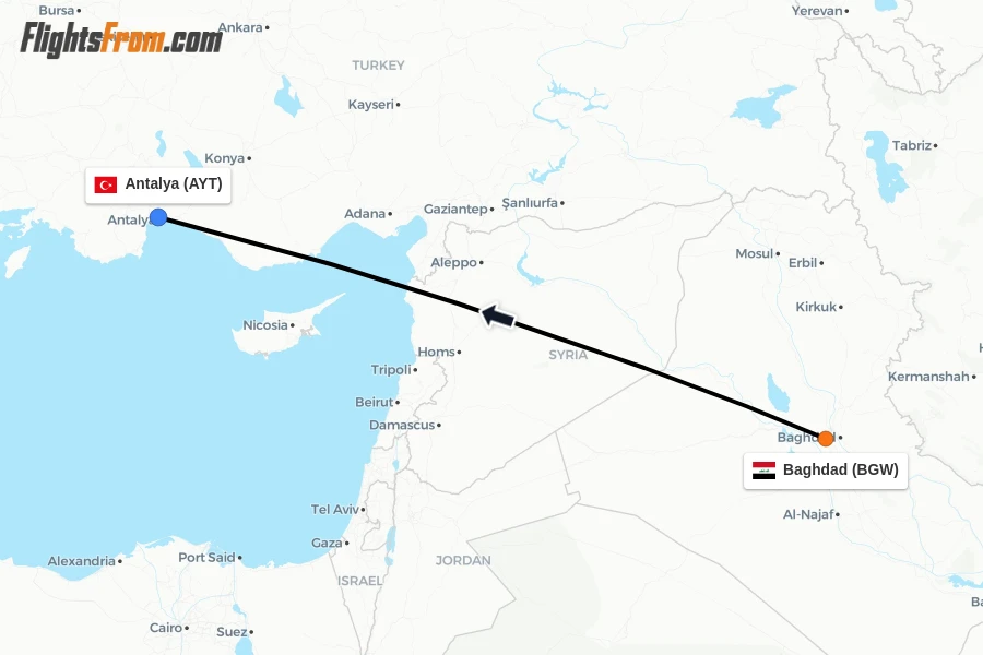 Flights from Baghdad to Antalya route map