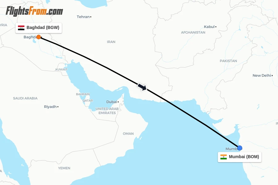 Flights from Baghdad to Mumbai route map