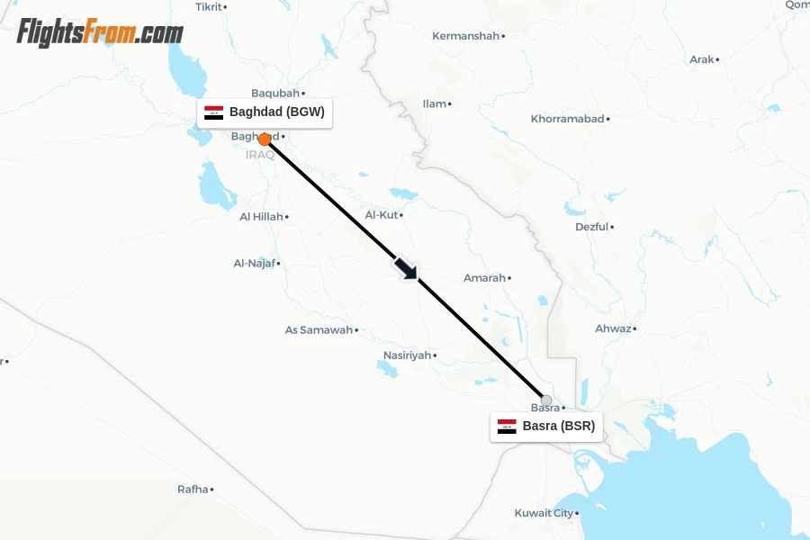 Flights from Baghdad to Basra route map