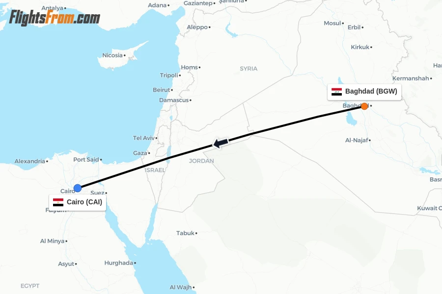 Flights from Baghdad to Cairo route map