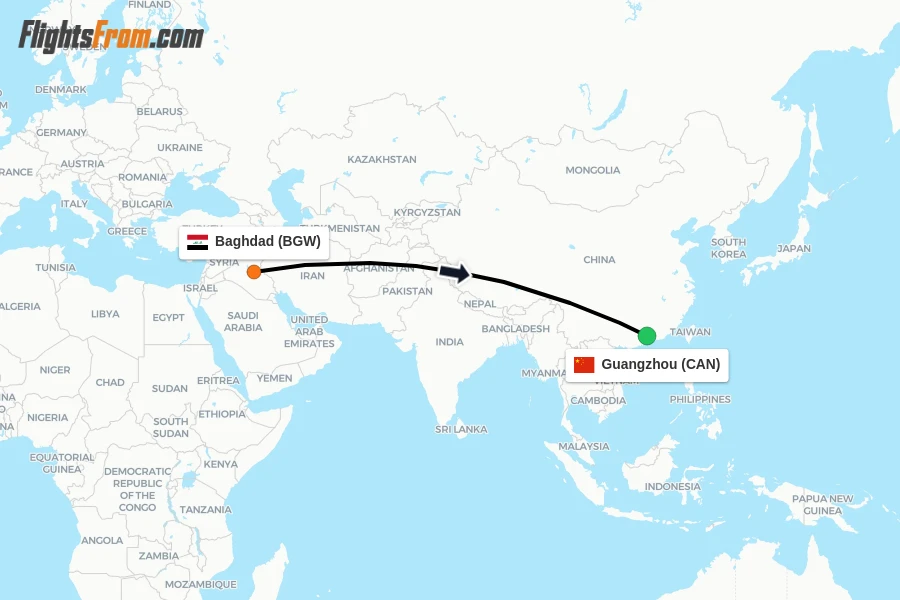 Flights from Baghdad to Guangzhou route map