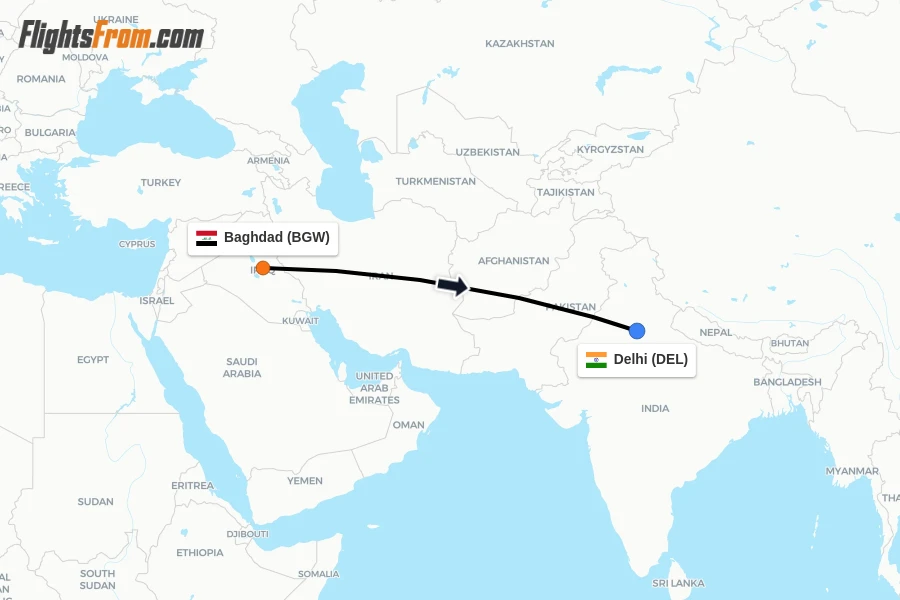 Flights from Baghdad to Delhi route map