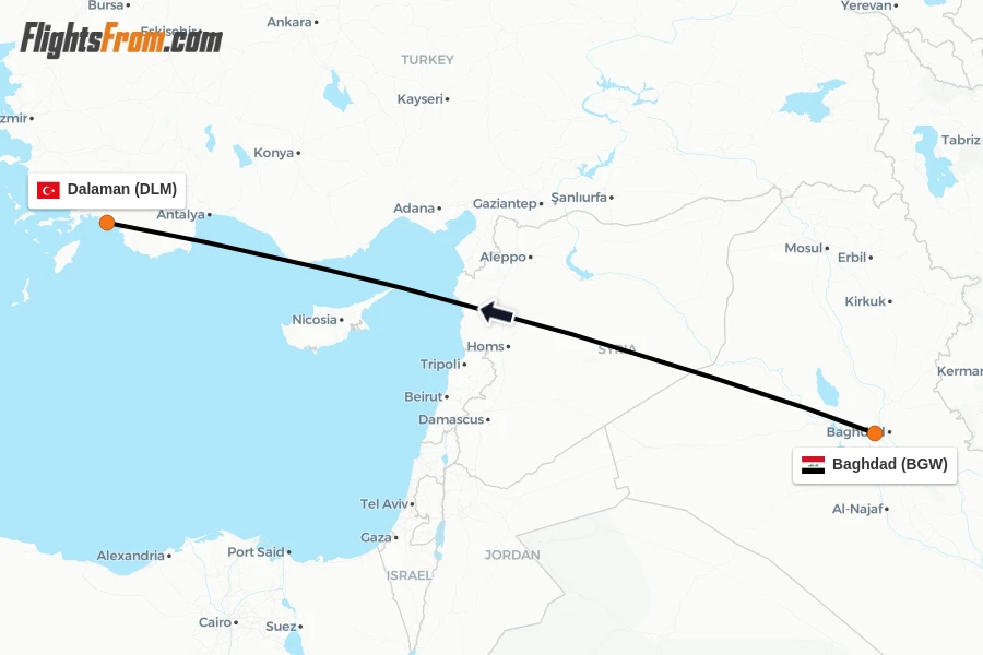 Flights from Baghdad to Dalaman route map
