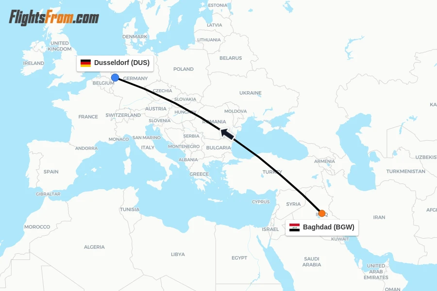 Flights from Baghdad to Dusseldorf route map