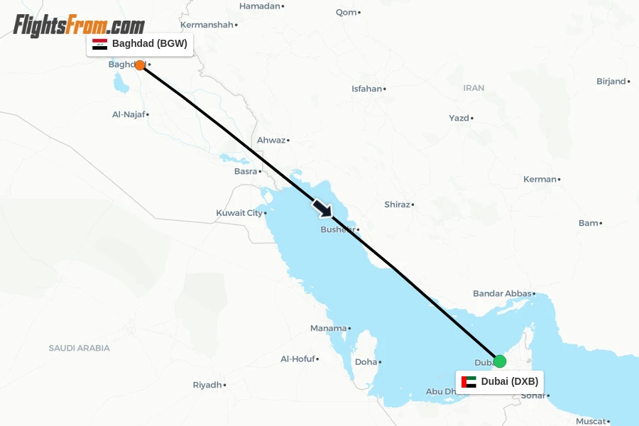 Flights from Baghdad to Dubai route map