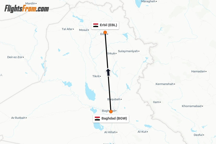 Flights from Baghdad to Erbil route map